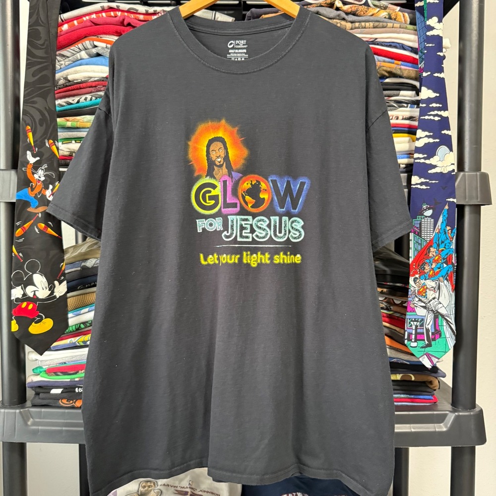 Retro Black Glow For Jesus Religious Graphic T-Shirt Size 2XL